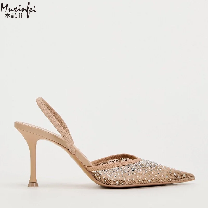 Frühlings-Damenschuhe, Aprikosenfarbene Mesh-Sandalen mit freiliegenden Absätzen, MÜLler-Schuhe, High Heels, Strass-Sandalen – Detail 4