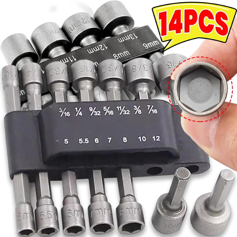 

9/14PCS Hexagon Nut Driver Drill Bit Socket Adapter Electric Screwdriver Drill Bits Adapter Set Impact Wrench Screw Power Tools