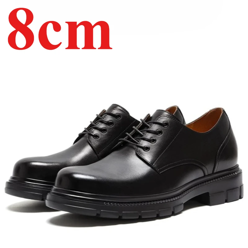 Black Formal Men's Dress Shoes 8cm Banquet Height-increasing Derby Shoes Male Lightweight Genuine Leather Wedding Elevator Shoes