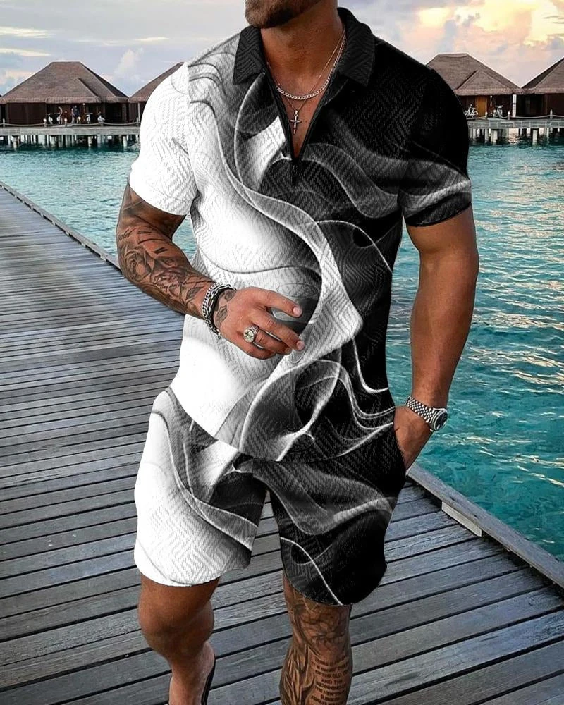 Summer Music Note 3D Print Men\'s Zipper Collar Tracksuit Trend Polo Shirt Fashion Casual Shorts 2pcs Sets Men\'s Streetwear Set