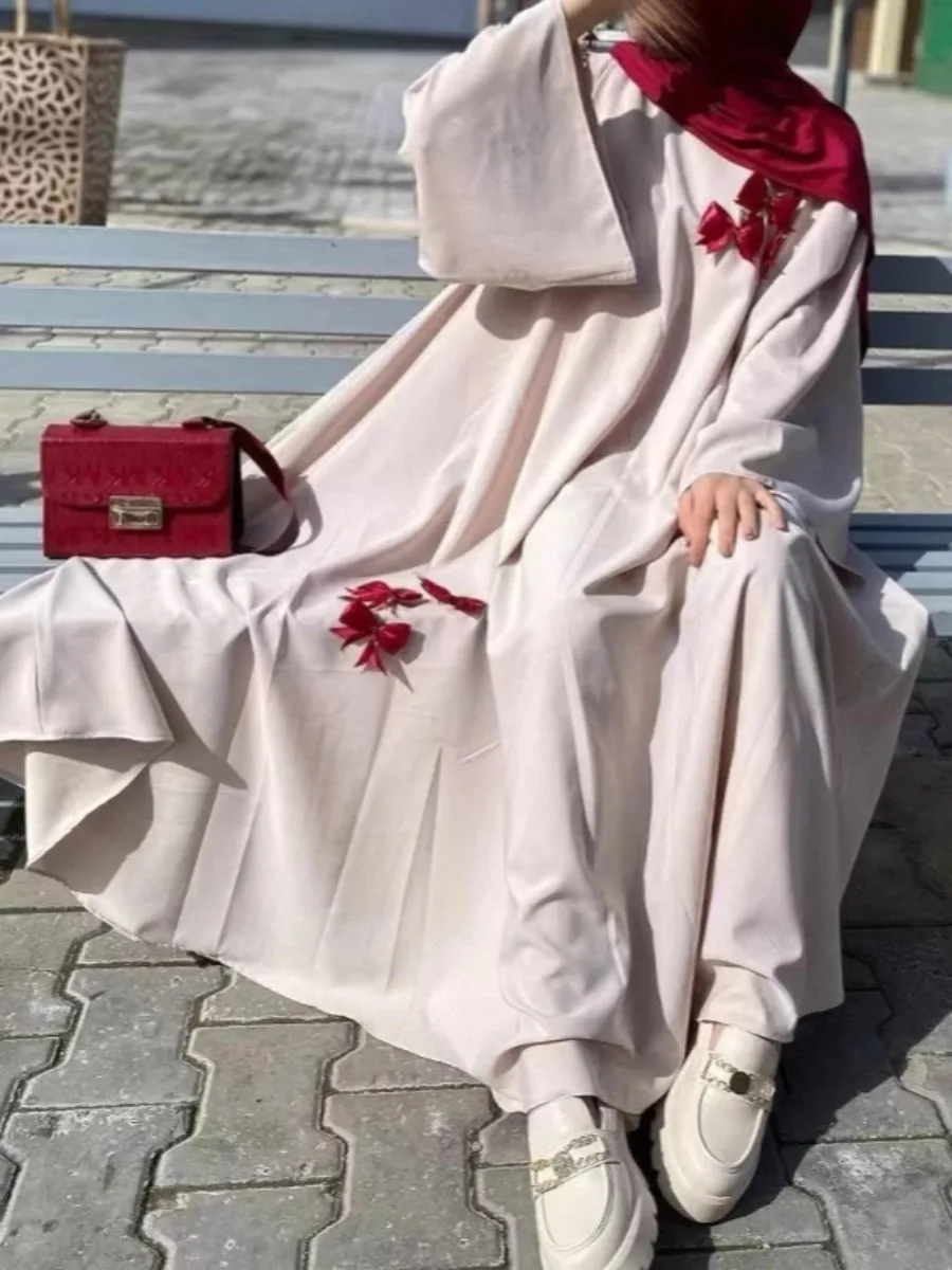 

Ид Абая женское праздничное платье мусульманский бант с длинным рукавом Джалабия Рамадан скромные длинные платья Vestidos Largos Kaftan арабский длинный халат