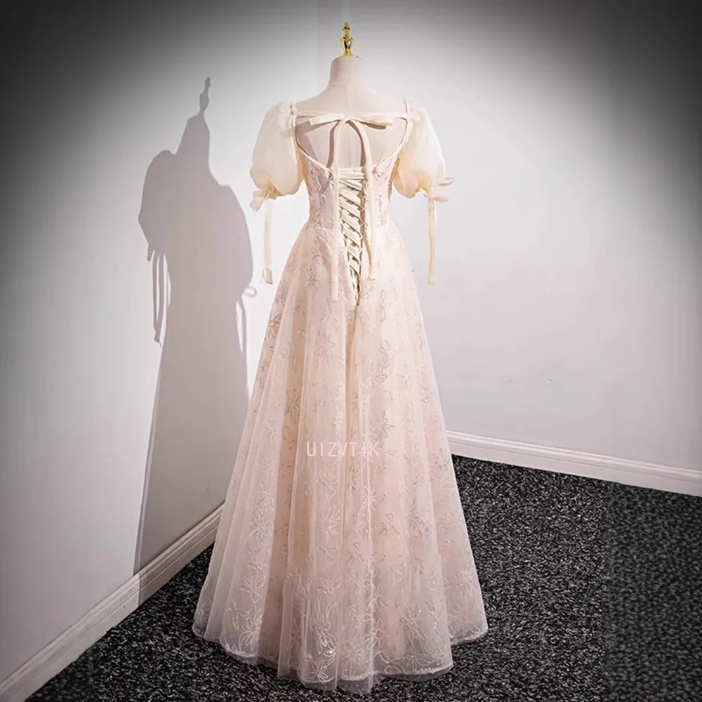 الشمبانيا الأزهار فساتين السهرة الكرة ثوب أنيق صورة حقيقية نفخة الأكمام يزين الدانتيل متابعة فستان رسمي بسيط كوريا فستان الزفاف