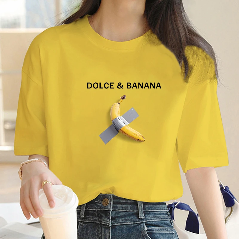 Dolce Banana Print Y2k T-shirt For Women\'s Summer Oversized Ladies Short Sleeved Tees Clothing Loose Pure 100% Cotton Soft Tops