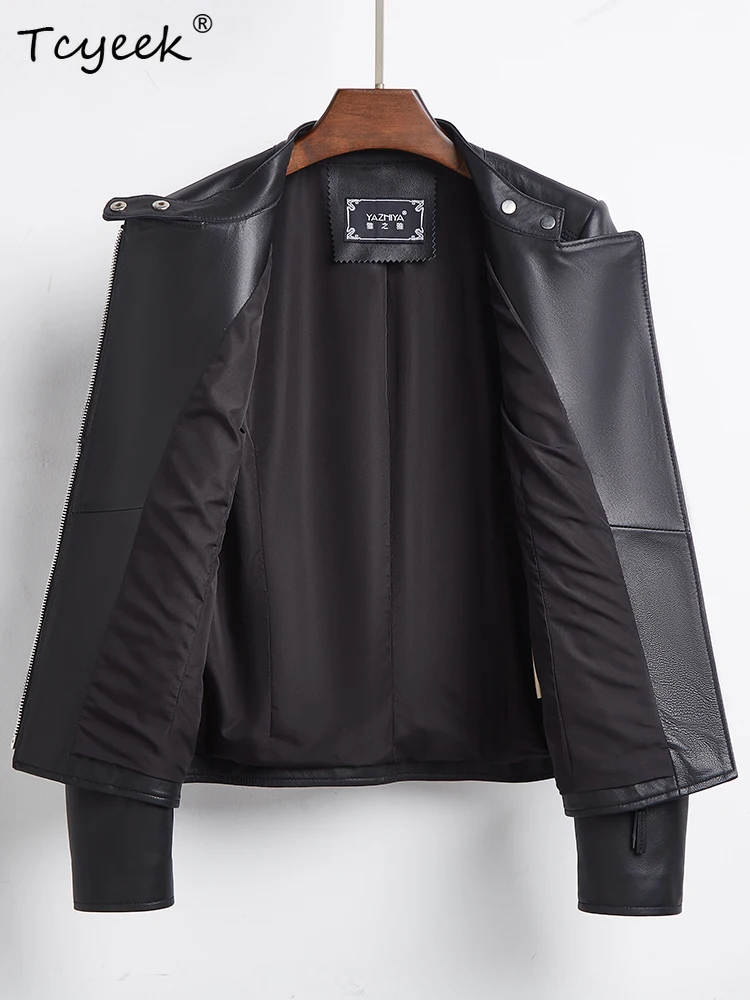 Tcyeek 양피 여성 가죽 자켓 봄 가을 스탠드 업 칼라 긴 소매 검정색 짧은 오토바이 자켓 Chaqueta Cuero