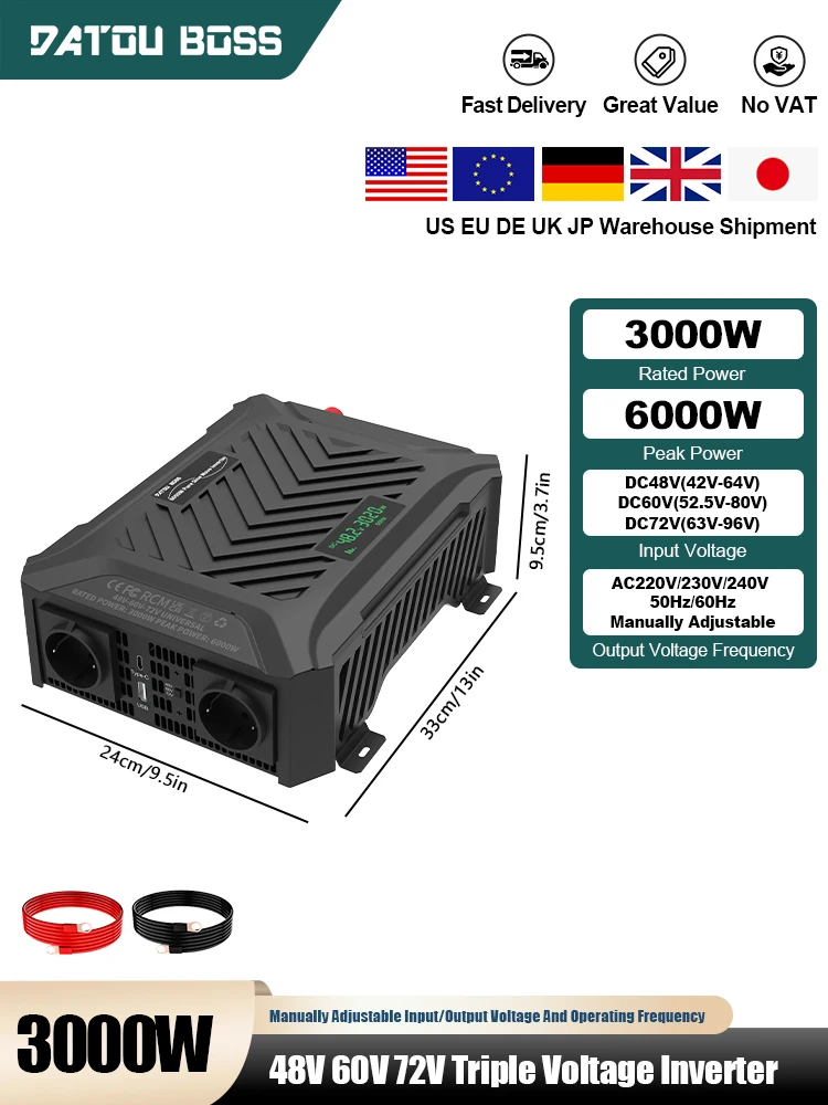 DATOUBOSS 48V 60V 72V Drievoudige Spanning Omvormer Continu Vermogen 3000W Verstelbare Frequentie 50Hz/60Hz Zuivere Sinus Auto Omvormer - afbeelding 2