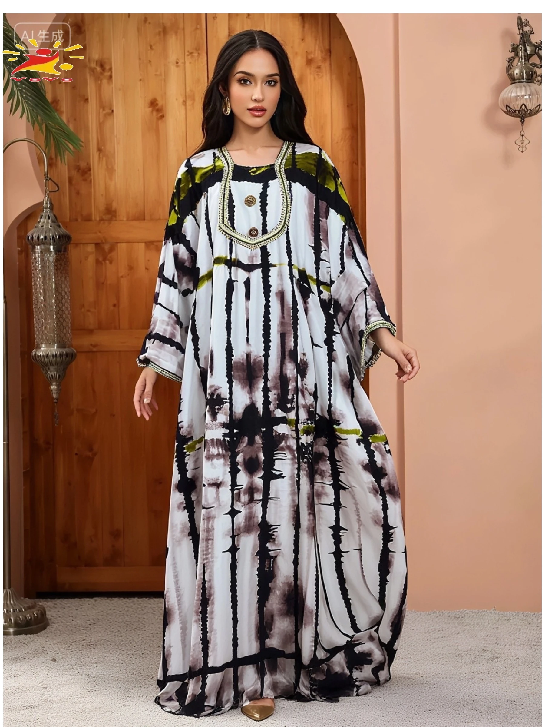 2025 무슬림 여성용 코튼 아바야, 다시키 루즈 드레스, 배트윙 슬리브, 여성용 로브 부부, 아프리카 이슬람 드레스 (헤드스카프 포함)