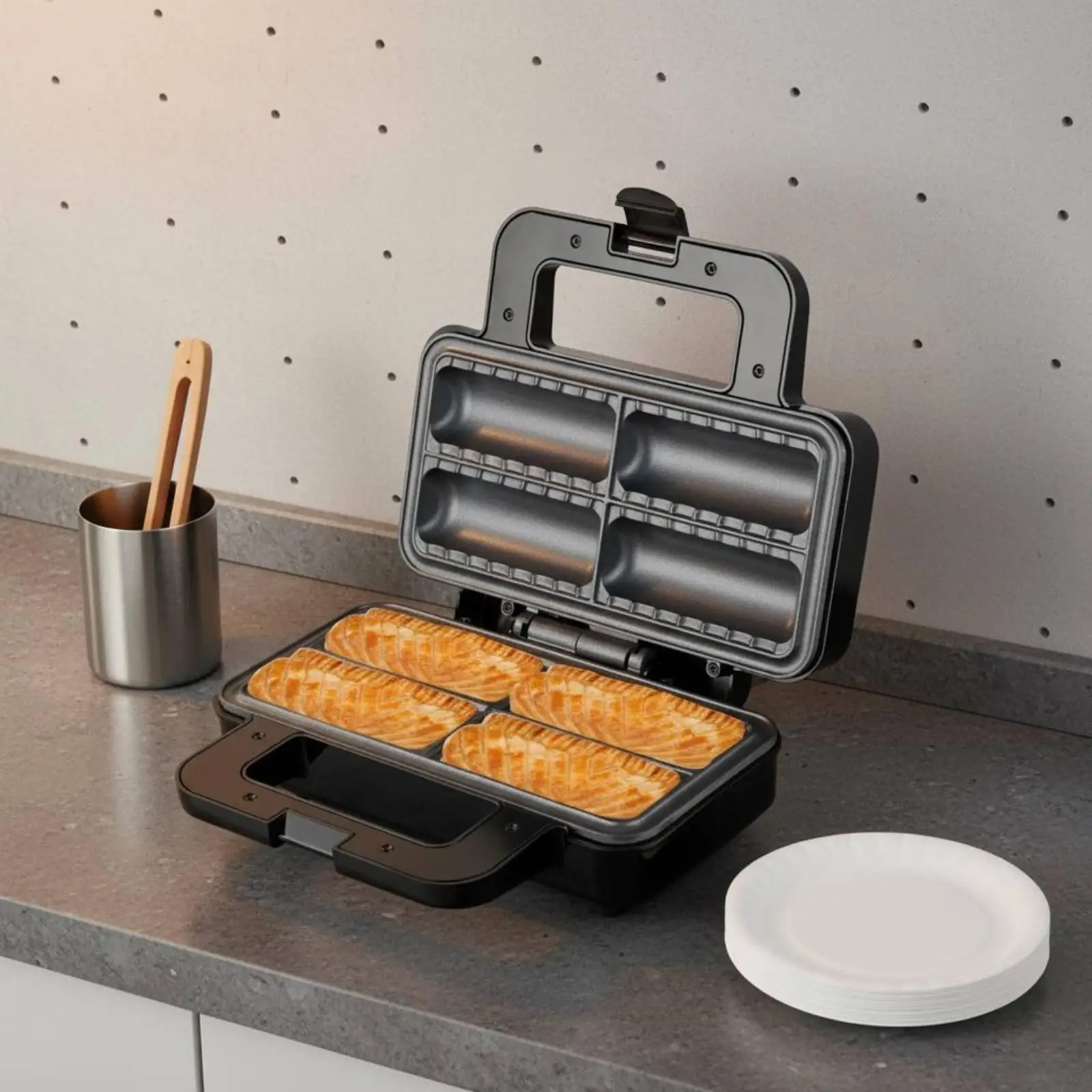 Non Stick Hot Dog Sausage Grill Machine with Cool Touch Handle for Home Kitchen Breakfast Sandwich Waffle Maker