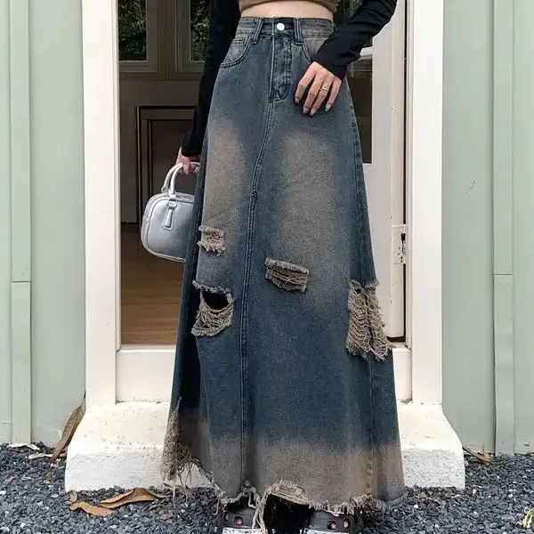 Zware industrie nostalgische retro gewassen hoge taille nieuw ontwerp slanke lente herfst nieuwe gewassen gat ruwe rand denim rok