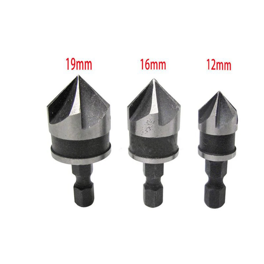 Krechtige-Juego de brocas para avellanador de flauta, cortador de achaflanado de 90 grados para madera y Metal, 12mm, 16mm, 19mm, 3 unidades