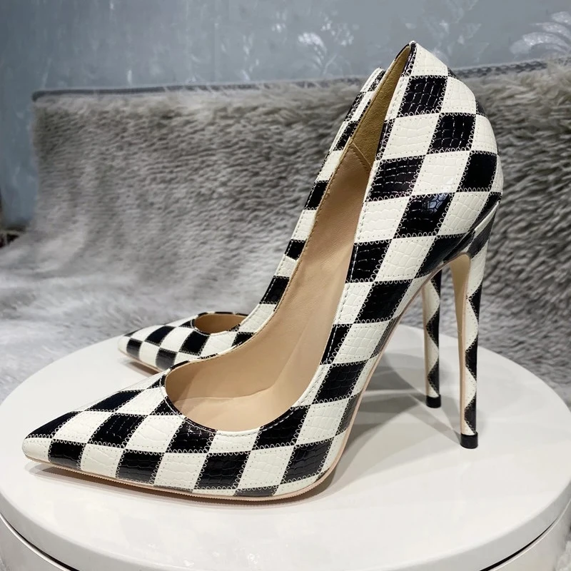 Tikicup Black White Diamond Crocodile Effect Women Pointy Toe Stiletto Pumps Classic High Heel Dress Slim Heel Shoes for Party