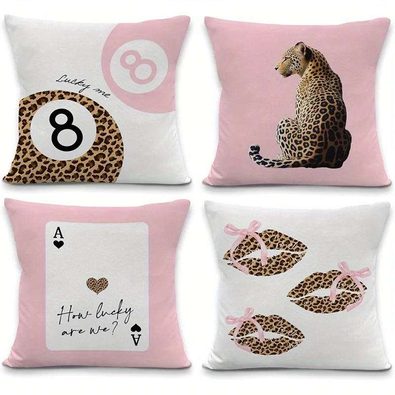 Home Decor Leopard & Card Print Throw Pillow Covers Pattern Cushion Cover Suitable for Sofa Bedroom Car Pillow Cover
