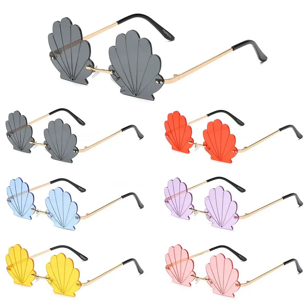 Shell Shape Rimless Sunglasses Flower Shape Fashion Metal Sun Glasses Unique Ocean Lens Shades for Photo Props, Party