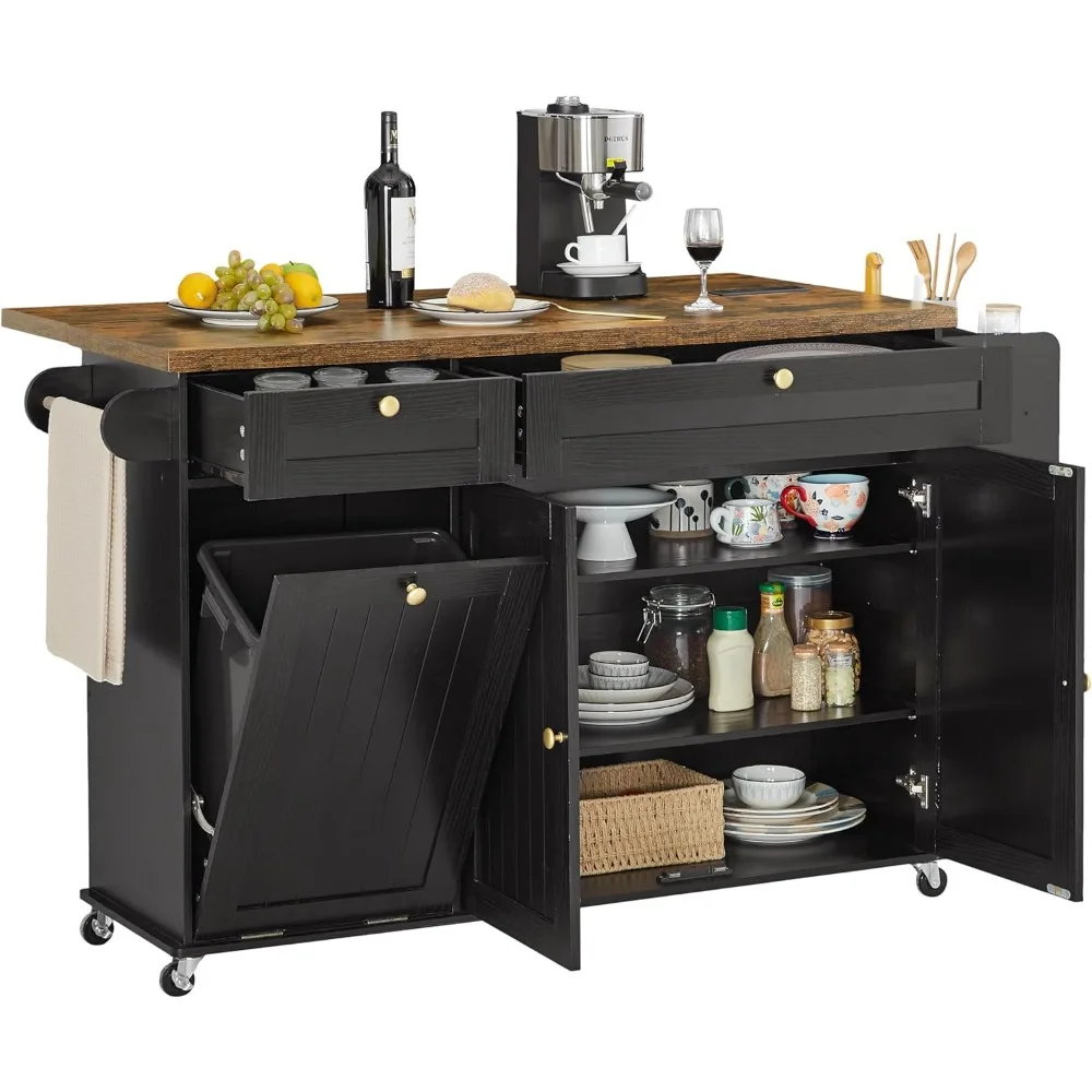 

60" Kitchen Island with Power Outlet & Drop Leaf, Kitchen Rolling Island with Spice Rack & Towel Rack, Knife Holder, Kitchen Isl