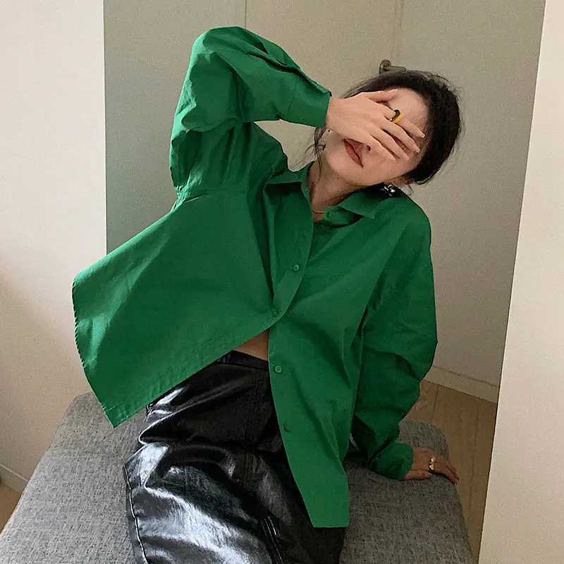 Spring New Green Loose Shirt Tops Ladies Long Sleeve Solid Color Simplicity Blouses Trend Korean Fashion Women Clothing