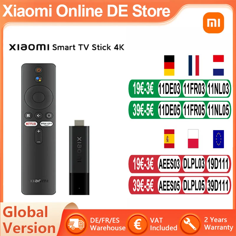 Global Version Xiaomi Mi TV Stick 4K Android TV 11 2GB RAM 8GB ROM Multi-language Support Google WIFI Dolby Atmos Vision