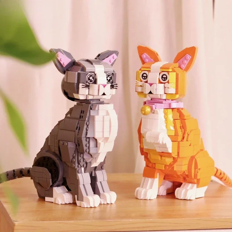 子供と大人のためのかわいい動物のビルディングブロックセット、オレンジ色の猫のレンガ、ミニチュアブロック、3Dペットのおもちゃ