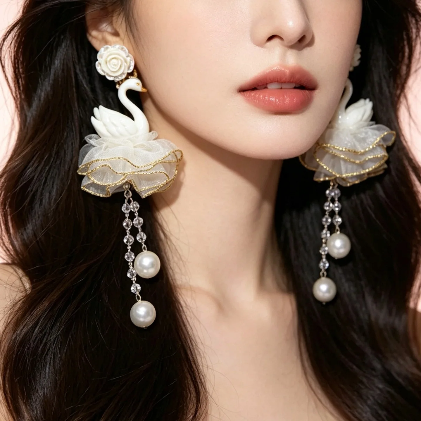 Unique White Swan Tassel Earrings for Ladies Copper Material Jewelry Accessories Handmade Tulle Ruffle Pearl Chandelier Earrings