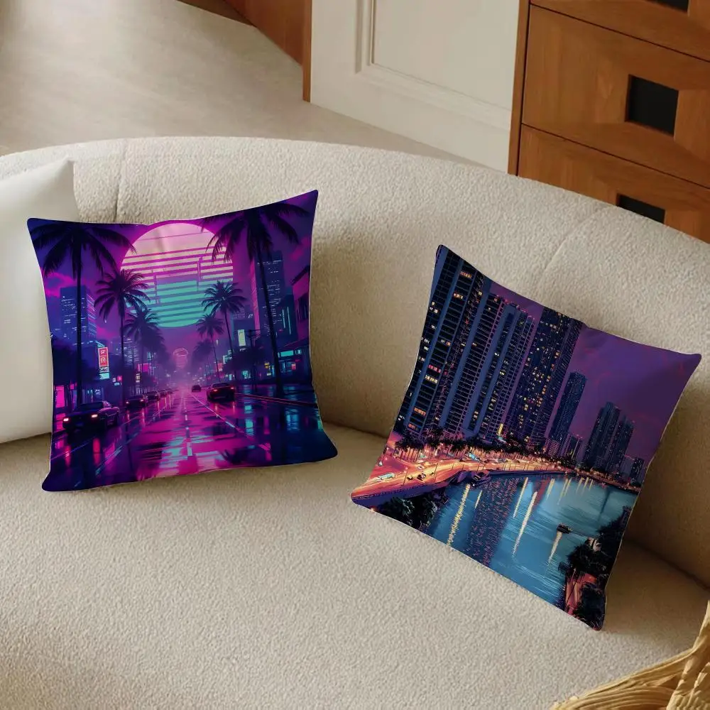 N-Neon City Street Vaporwave 1680S Cushion Cover Daily Washable Linen Pillowcase Soft  for Sofa Bed Home Room Decor