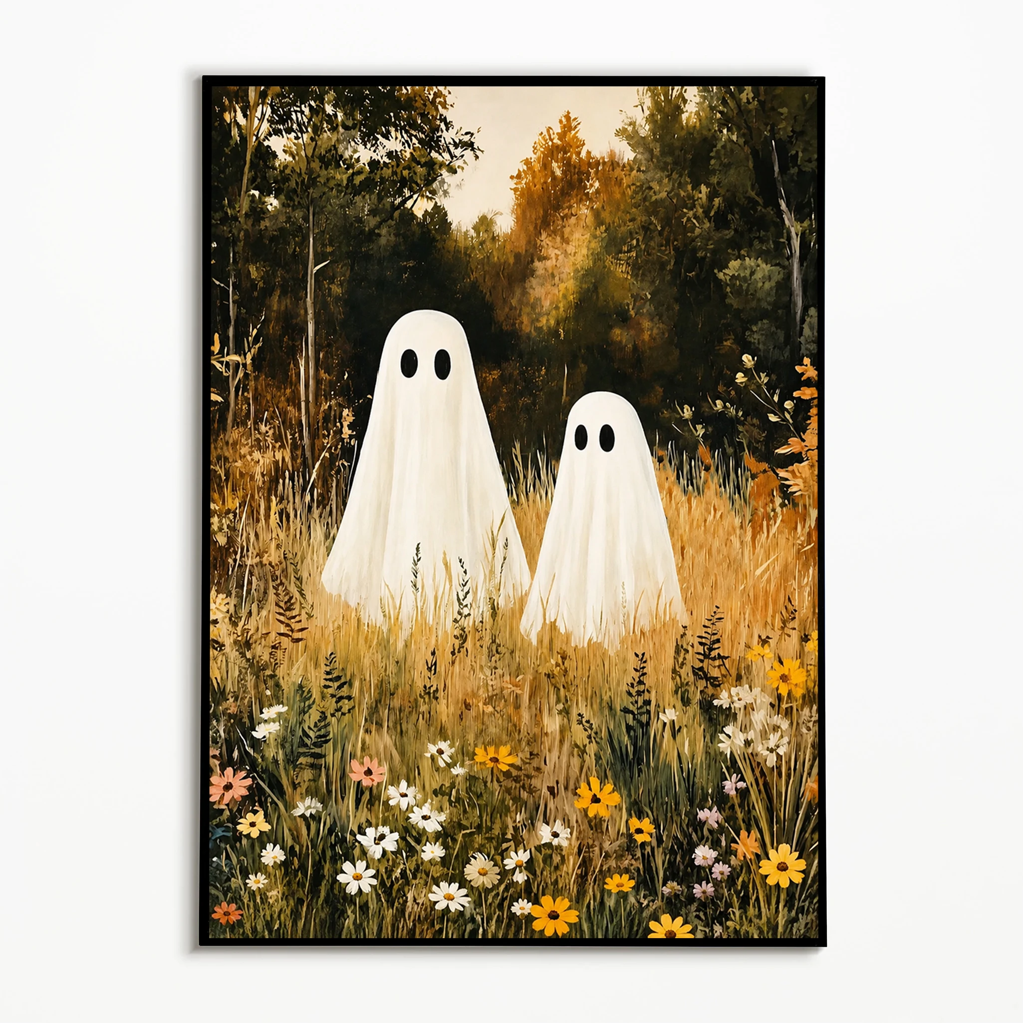 1PC Forest Wildflower Lawn Cute Ghost Poster  Autumn Halloween Wall Art  Frameless Canvas Printing Fall Vintage Wall Decoration