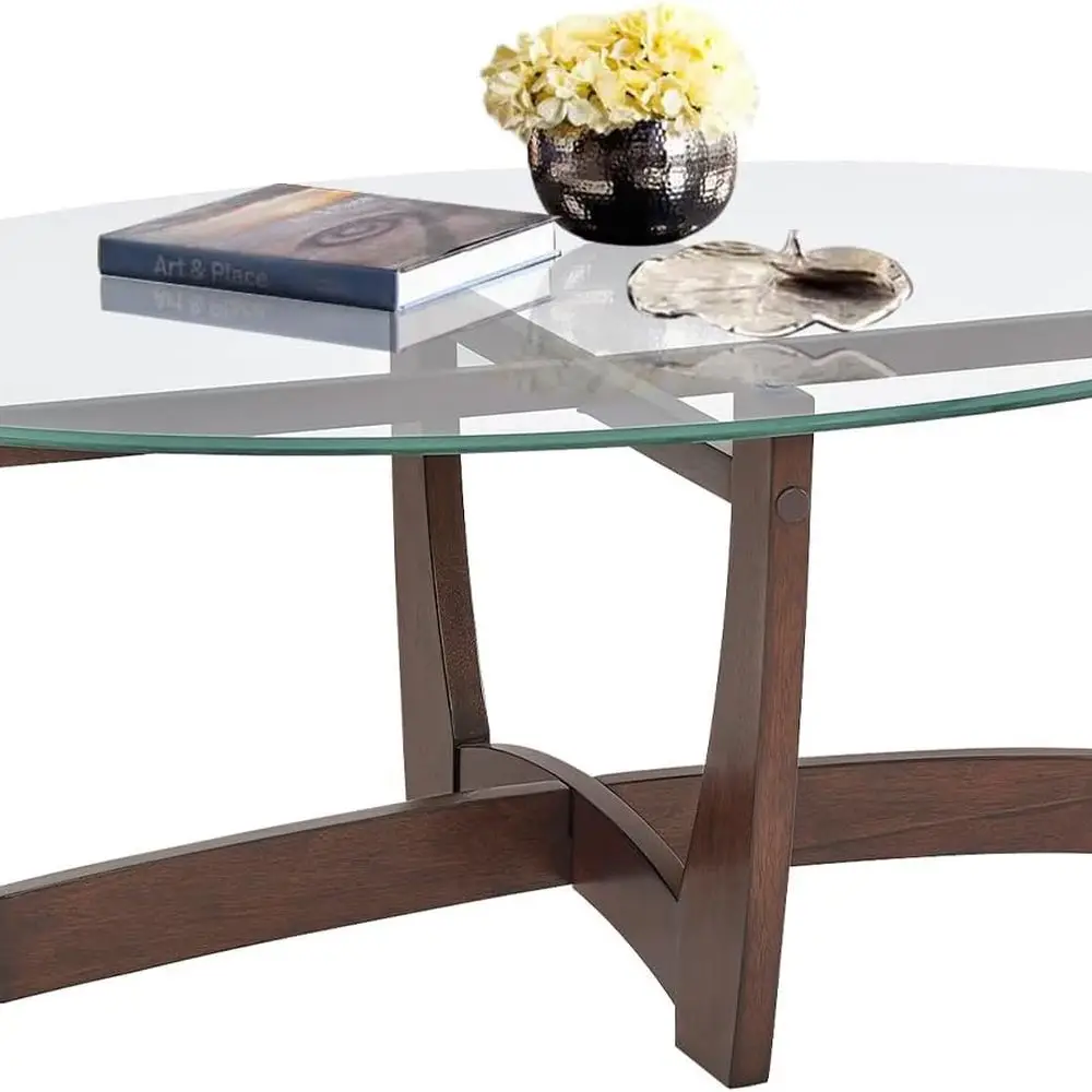 

48 Cherry Wood Oval Coffee Table with Tempered Glass Top - Modern Living Room Centerpiece