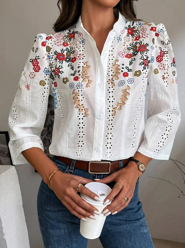 

Casual Floral Printed Shirt For Women Spring Autumn Fashion New Loose O-neck Hollow Single Breasted Long Sleeved Shirt