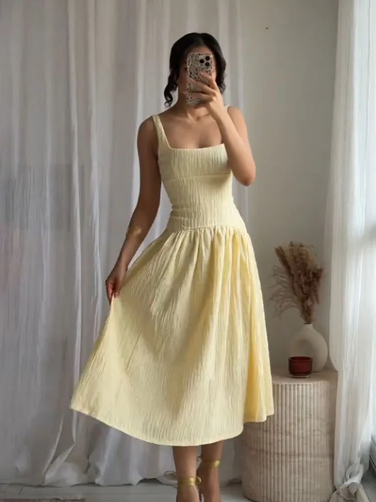

TRAFZA Women Summer Fashion Textured Backless Square Neck Midi Sleeveless Dress Female Sexy Elegant High Waist Slim Sling Dress