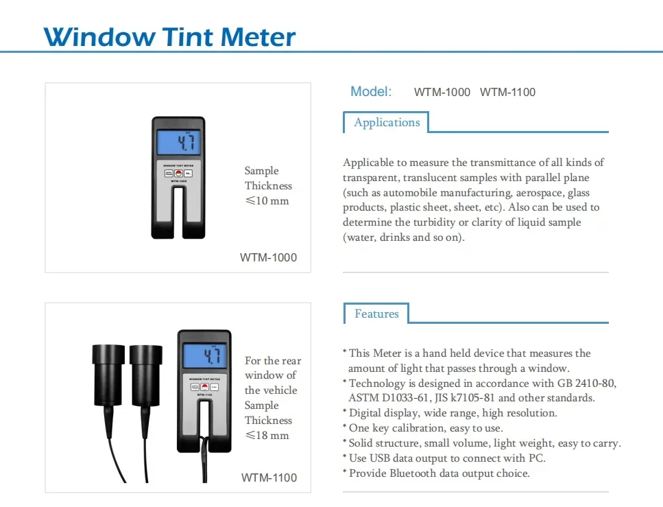 WTM-1000 / WTM-1100 Digital Light Transmittance Window Tint Meter Tester with 0~100% Measuring Range