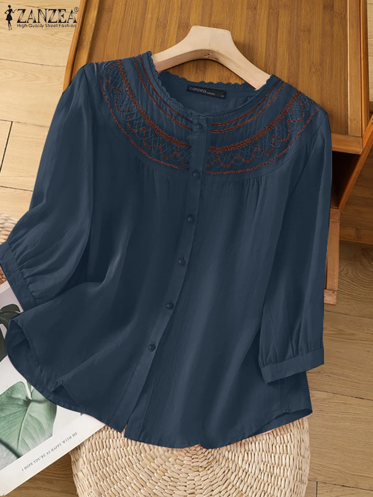 

ZANZEA Vintage Embroidery Shirts 2025 Women Summer O Neck 3/4 Sleeve Work Blouses Casual Button Tunic Tops Loose Blusas Chemise