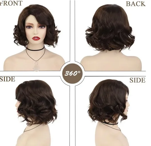 Synthetic Elegant Short Curly Wave Hair Brown Bob Wig Side Parting Wig for Women Natural Fluffy Daily Cosplay Party Use