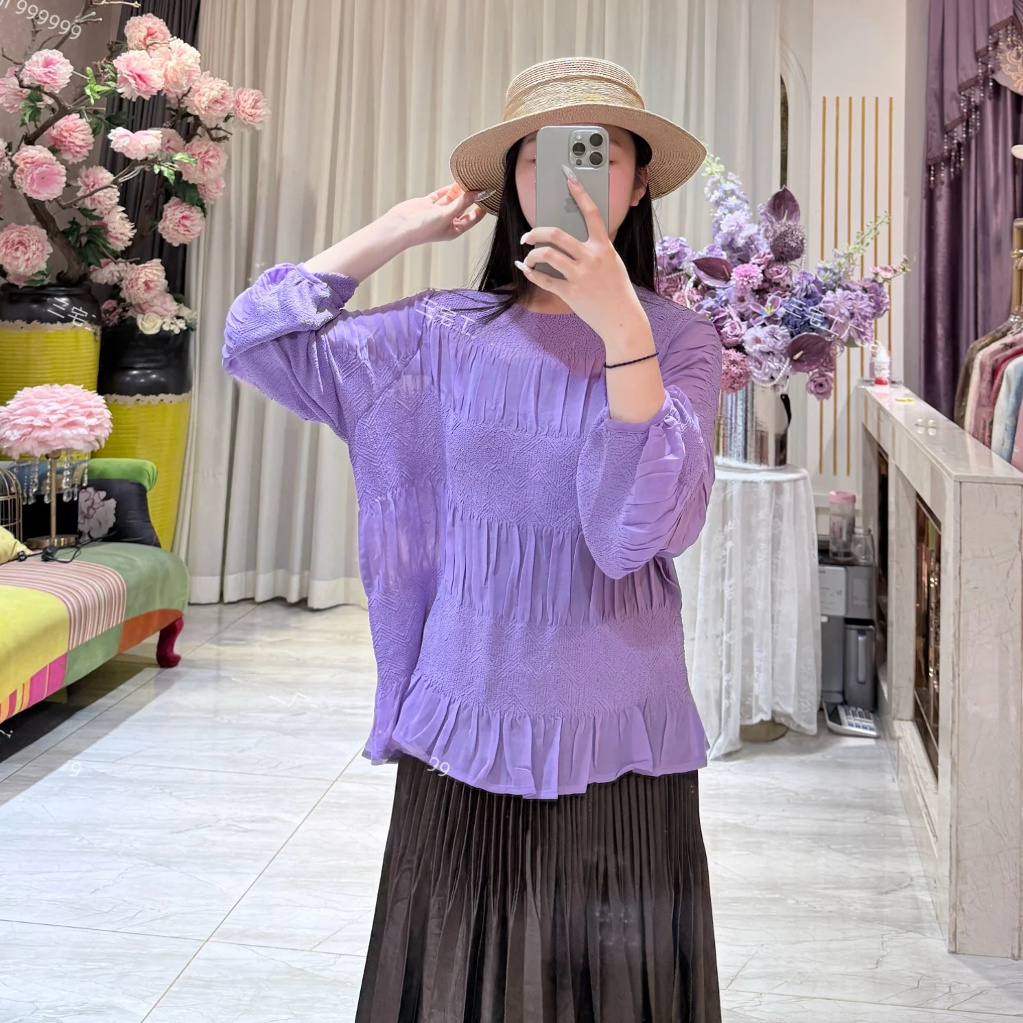 

Мягкая плотная футболка с длинным рукавом и круглым вырезом, весна-лето, новый стиль, однотонная, плиссированная, легкая, универсальная, мягкая футболка