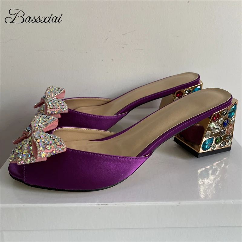Sandalias con nudo de mariposa y joyas de cristal para mujer, zapatos de tacón cuadrado con diamantes de imitación coloridos, sandalias de satén de lujo para verano