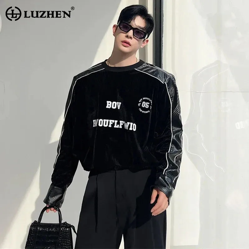 

LUZHEN 2024 New Fashion Color Contrast Line Leather Splicing Long Sleeve Sweatshirts Men High Street Letter Printed Tops LZ2687