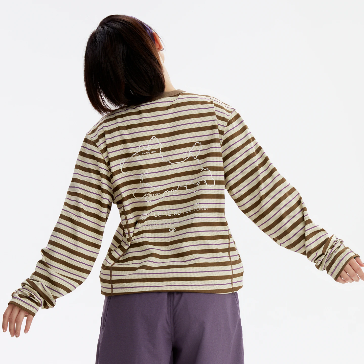 Retro Striped Long Sleeve T‑Shirt Unisex Antibacterial Quick Dry UV Protection Camping Drawstring Hem Chest Pocket Base Layer