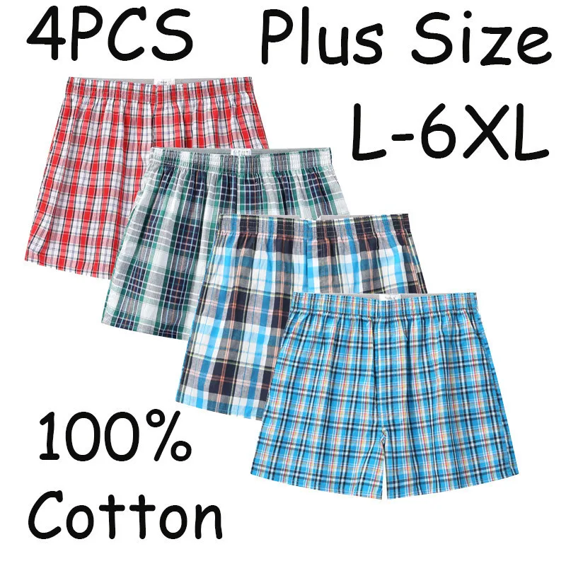 4PCS L-6XL Plus Size Mens Cotton Underwear Plaid Boxers Shorts Loose Home Wear Sleepwear Underpants Elastic Waistband Boxer Soft