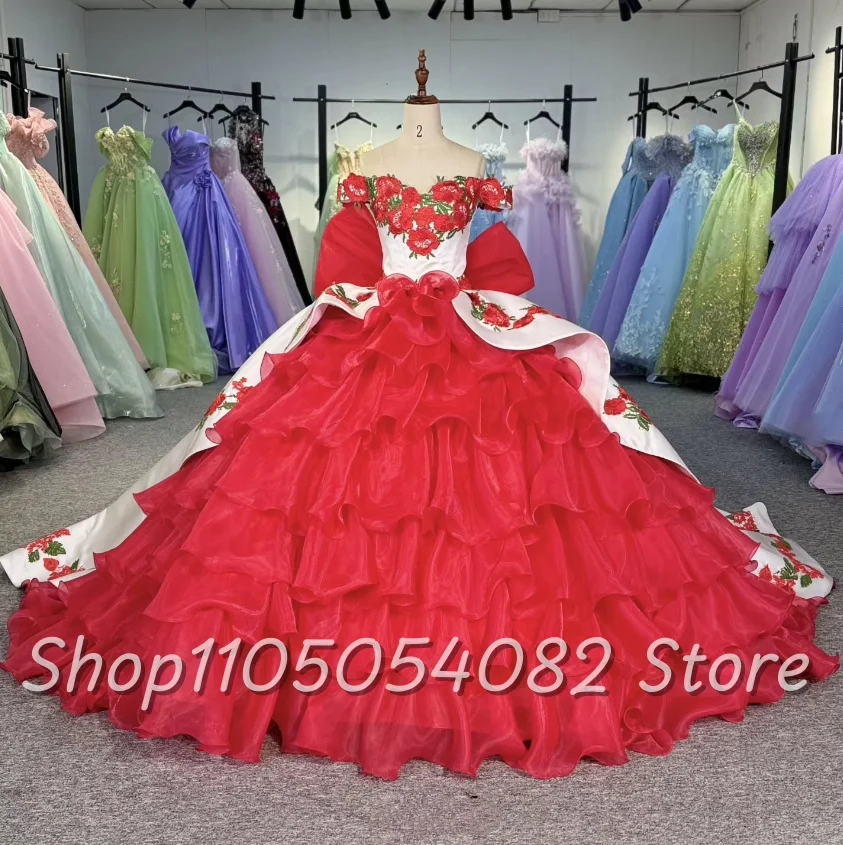 

Customized Geranium Quinceanera Dress Snap Shoulder Embroidered A Line Elegant Ruffle vestidos de 15 quinceañeras
