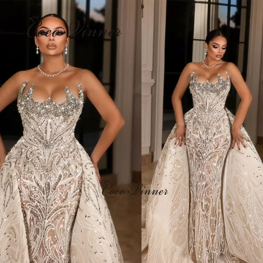 تخصيص خاص رائع 2 في 1 فستان الزفاف الفاخرة كريستال الديكور حورية البحر فساتين الزفاف مع قطار قابل للإزالة W1465