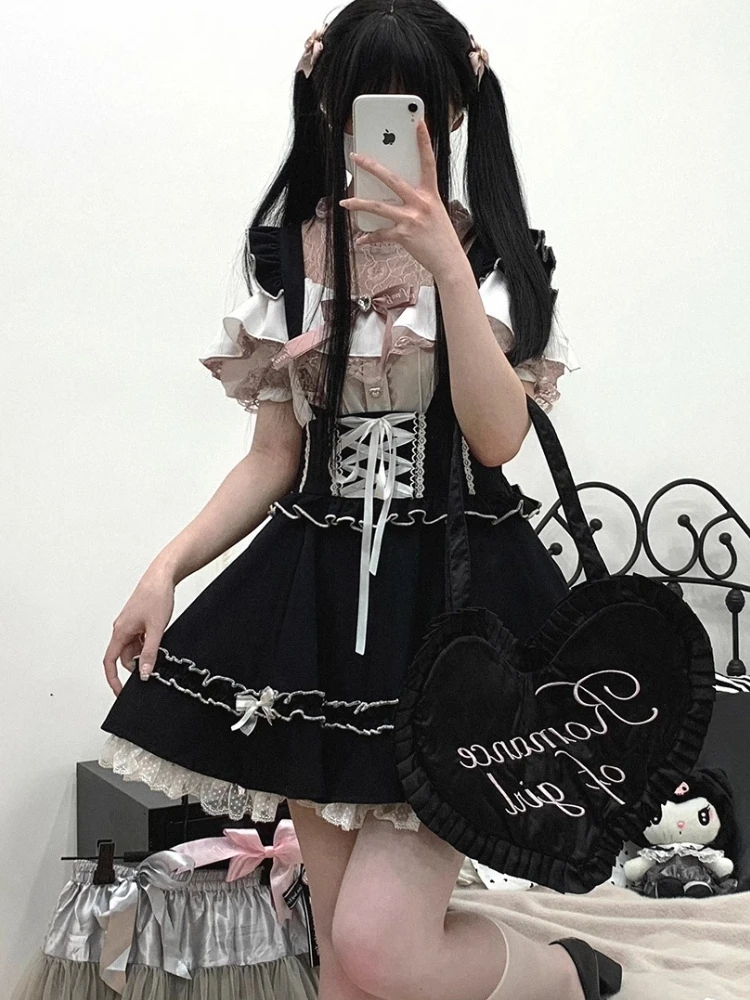 Japanische Mädchenröcke im Mine-Stil, fliegende Ärmel, hohe Taille, Schnürung, schlanke A-Linie, Spitzennähte, süßer Lolita-Hosenträgerrock für Damen