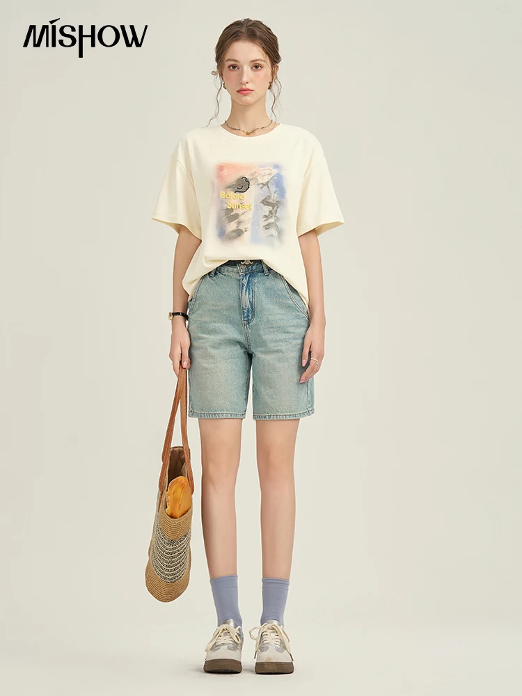 MISHOW Thin Oil Painting Printed T-shirt 2024 Summer Short Sleeve Slim Top Round Neck Casual Loose Tees Office Lady MPD26T0264