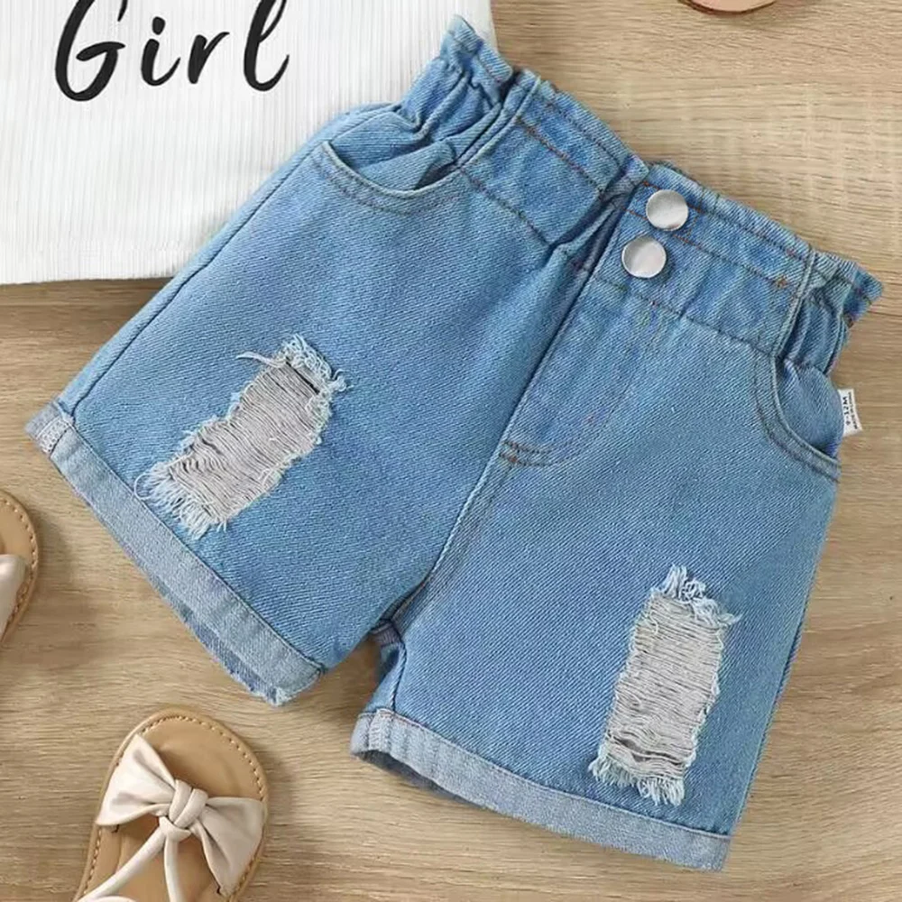 

Girls' shorts, high waisted and perforated Jeans, Suitable for girls aged 0-3 Fashionable and Comfortable Summer Denim Shorts