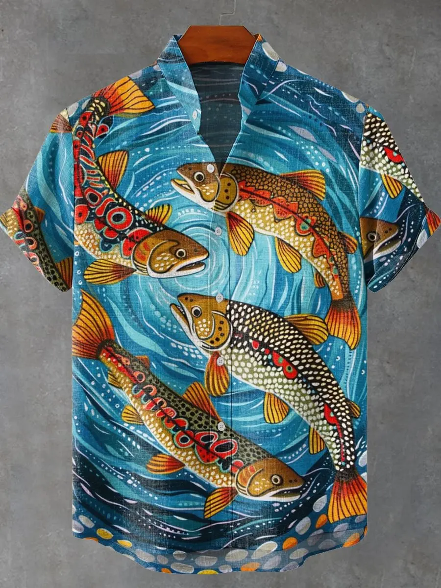 

Hot selling painting art, beautiful ocean, small fish pattern, printed buttons, casual linen short sleeved shirt, fashionable