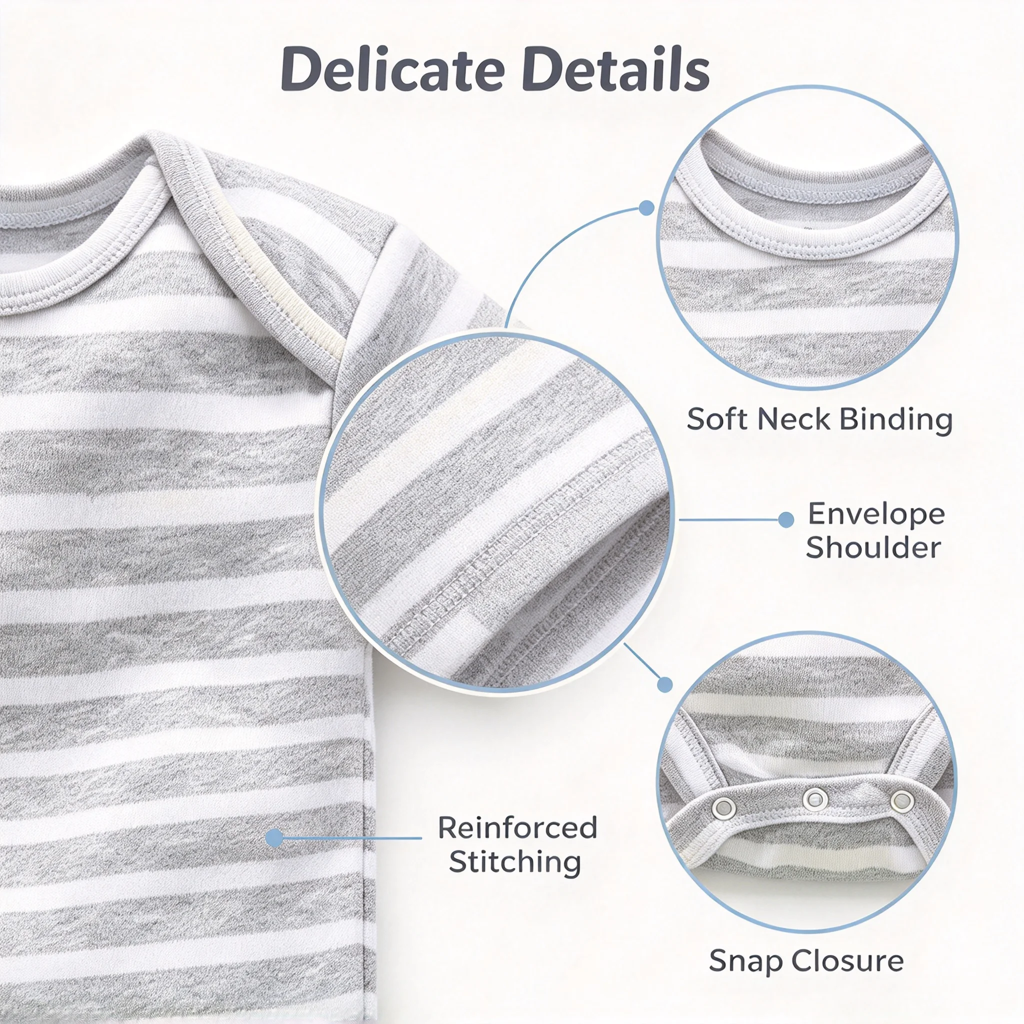 100% Cotton Baby Short Sleeve Bodysuit Grey White Striped Infant Romper Envelope Shoulder Crotch Snap Newborn Jumpsuit For 3-24M