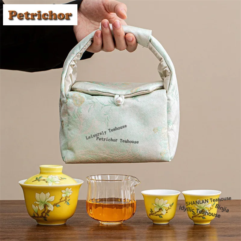 

Hand Painted Jade Orchid Yellow Travel Tea Set Kit Handmade 1 Pot 2 Cups Tea Maker Organizer Portable Picnic Handbag Cafes Gift