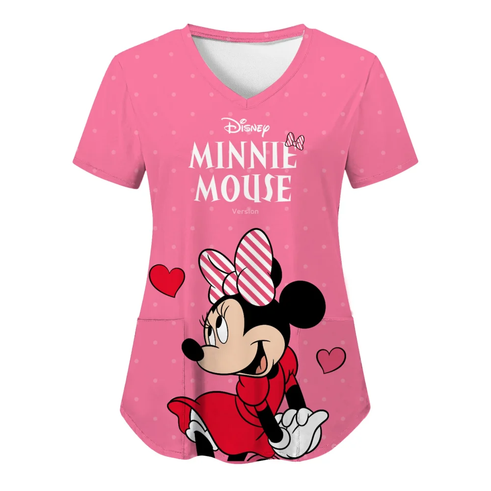 Hospital T-shirt Nurse Uniform T-shirts Disney Minnie Mouse Top Women 2024 Pocket Woman Clothes V Neck Mickey Tops Tees Women\'s