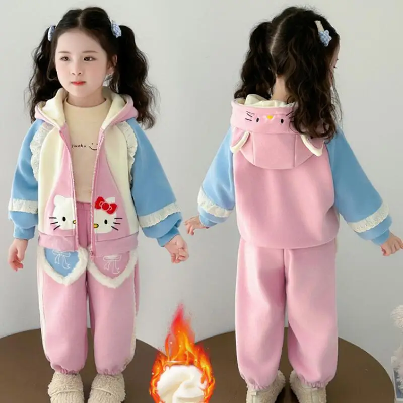 

Sanrio Hello Kitty Winter Coat Pants 2-Piece Set Girl Autumn Thicken Hoodie Child Kawaii Anime Cartoon Fashion Casual Clothing
