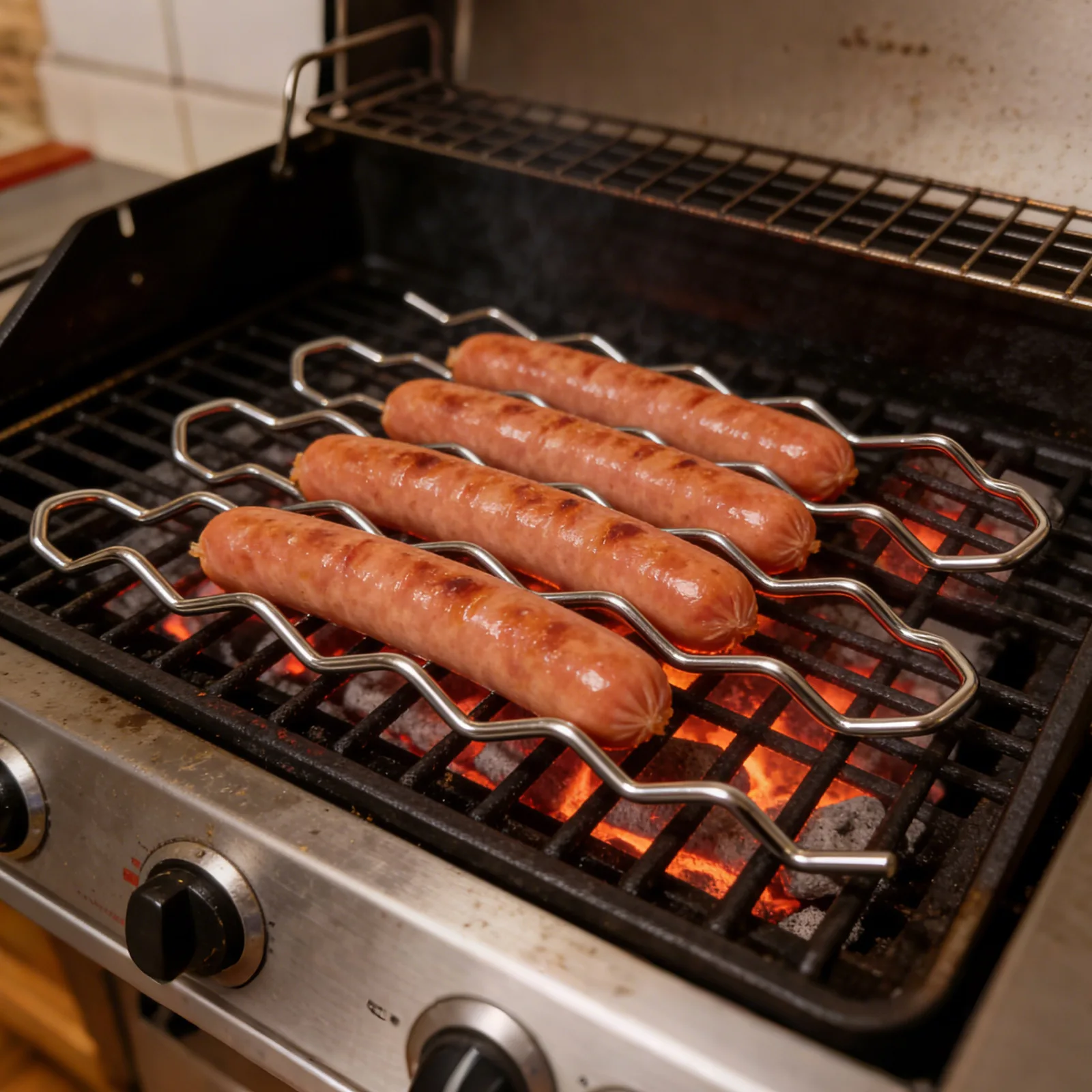 

304 Stainless Steel Sausage Grill Rack 30cm Outdoor Barbecue Tool With Anti-Slip Handle