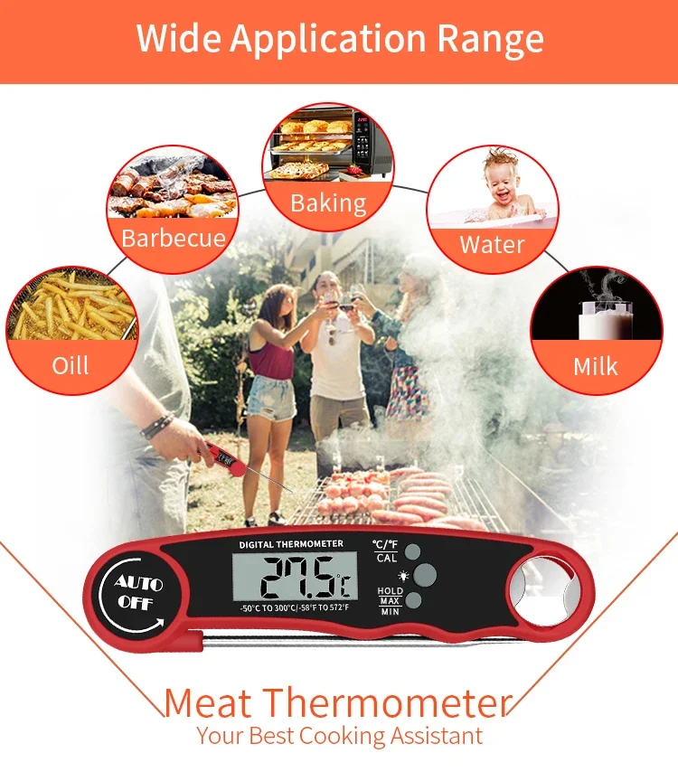 Household barbecue and baking kitchen meat folding portable digital thermometer probe，Waterproof Instant Read