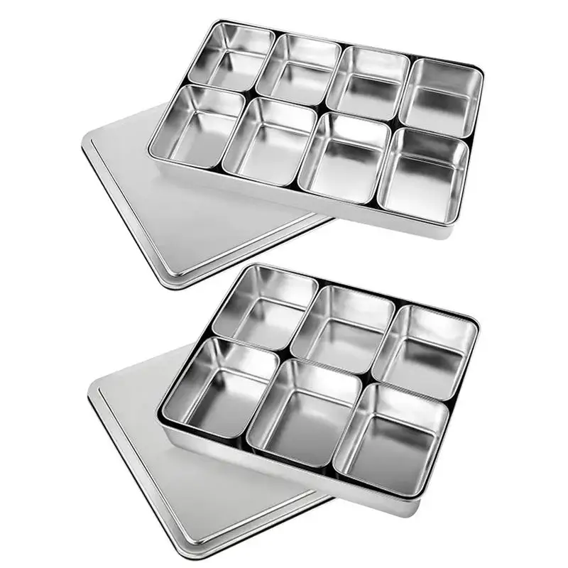 Multi Grid Seasoning Box Multi-Compartment Condiment Stainless Steel Box Rectangle Seasoning Box With Lid Holder Tray Divided