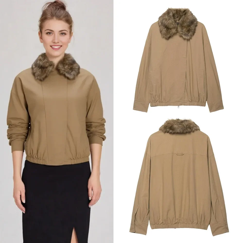 

Зимняя мода, куртки-бомберы с воротником из искусственного меха, пальто, свободная женская куртка-пилот, пальто с воротником из искусственного меха, повседневное пальто с длинным рукавом