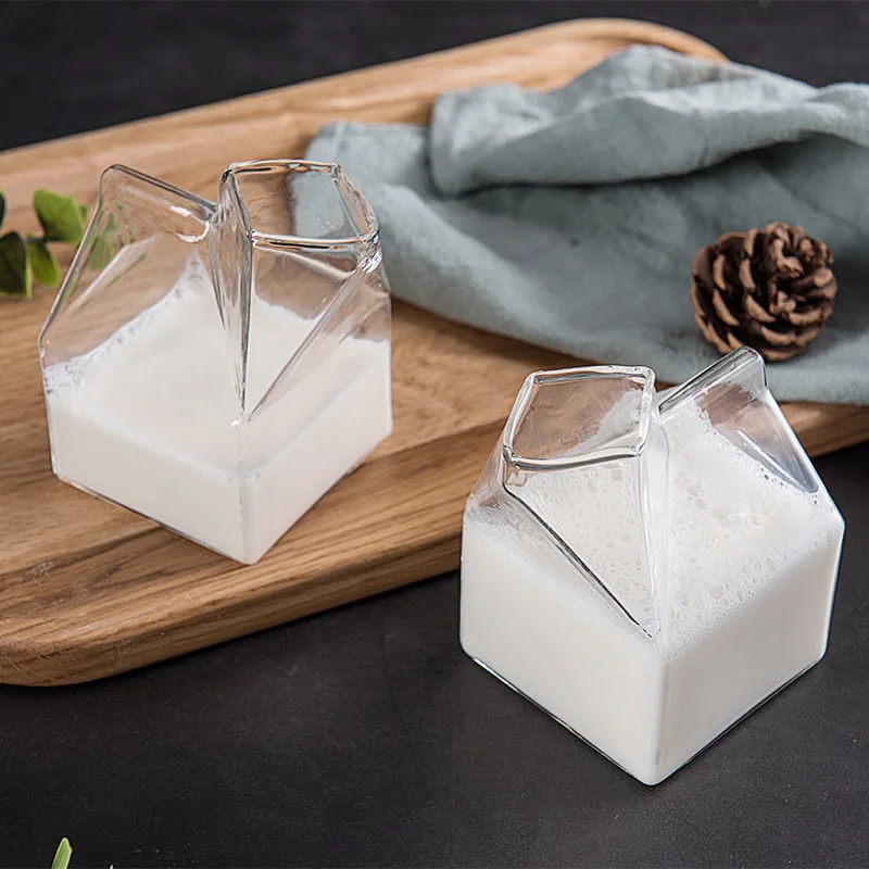 

6Pcs Square Milk Glass Cup Heat Resistant Cute Strawberry Peach Breakfast Juice Wine Cup Cocktail Cups Pudding Cup Milk Bottles