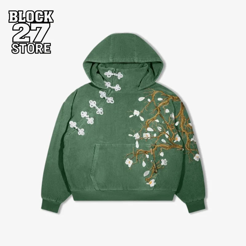 Mens Hoodie Corduroy Vintage Harajuku Unisex Cotton Flower Embroidery Frog Button High Street Streetwear Casual Couple Pullover